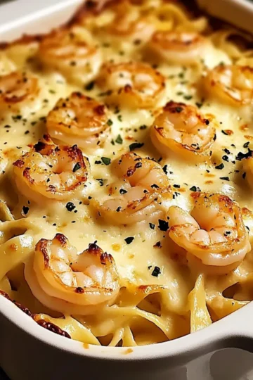 Garlic Parmesan Shrimp Fettuccine Bake