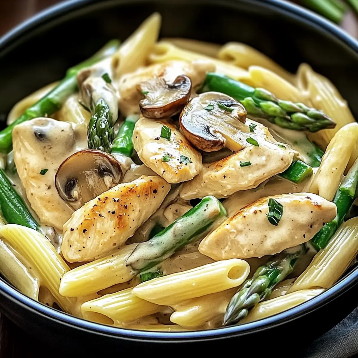 Chicken Penne with Creamy Mushroom and Asparagus
