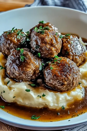 Salisbury Steak Meatballs with Garlic Herb Mashed Potatoes