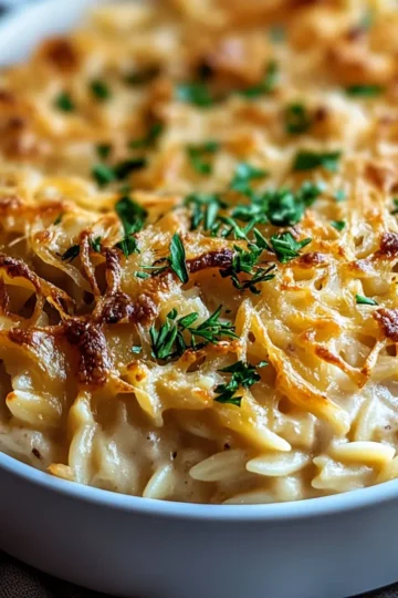 French Onion Chicken Orzo Casserole