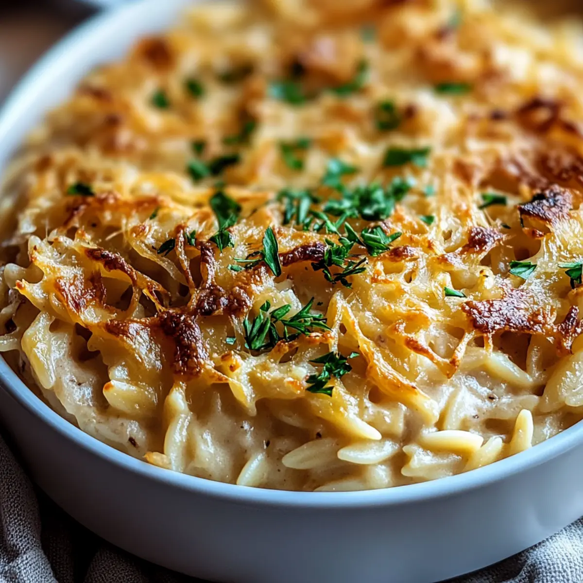 French Onion Chicken Orzo Casserole