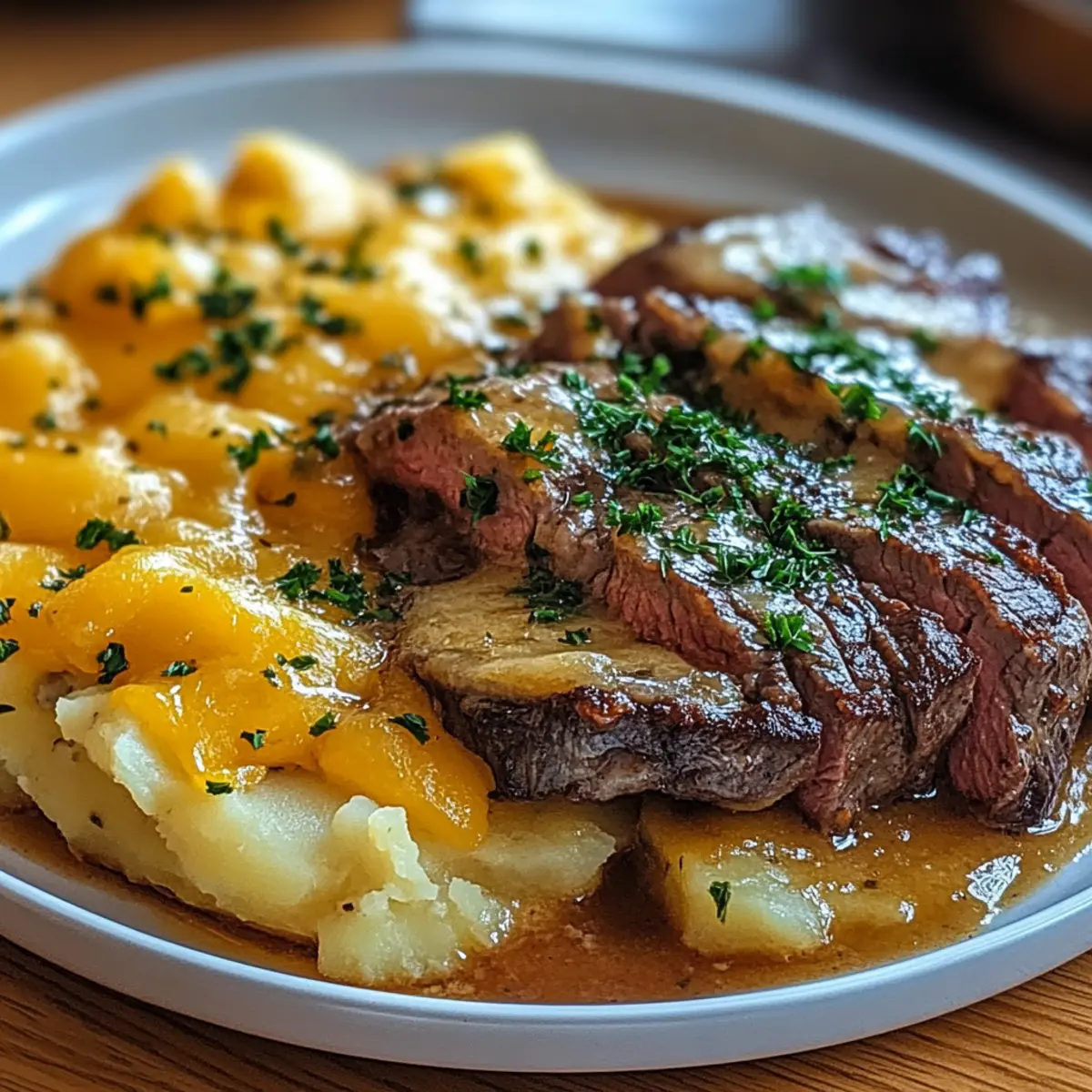Garlic Butter Steak & Cheddar Potato Bake