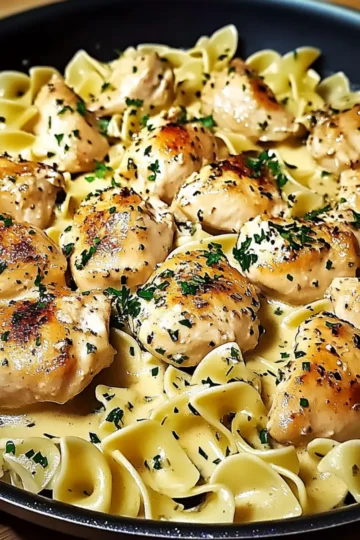 One Pan Creamy Garlic Butter Chicken with Egg Noodles