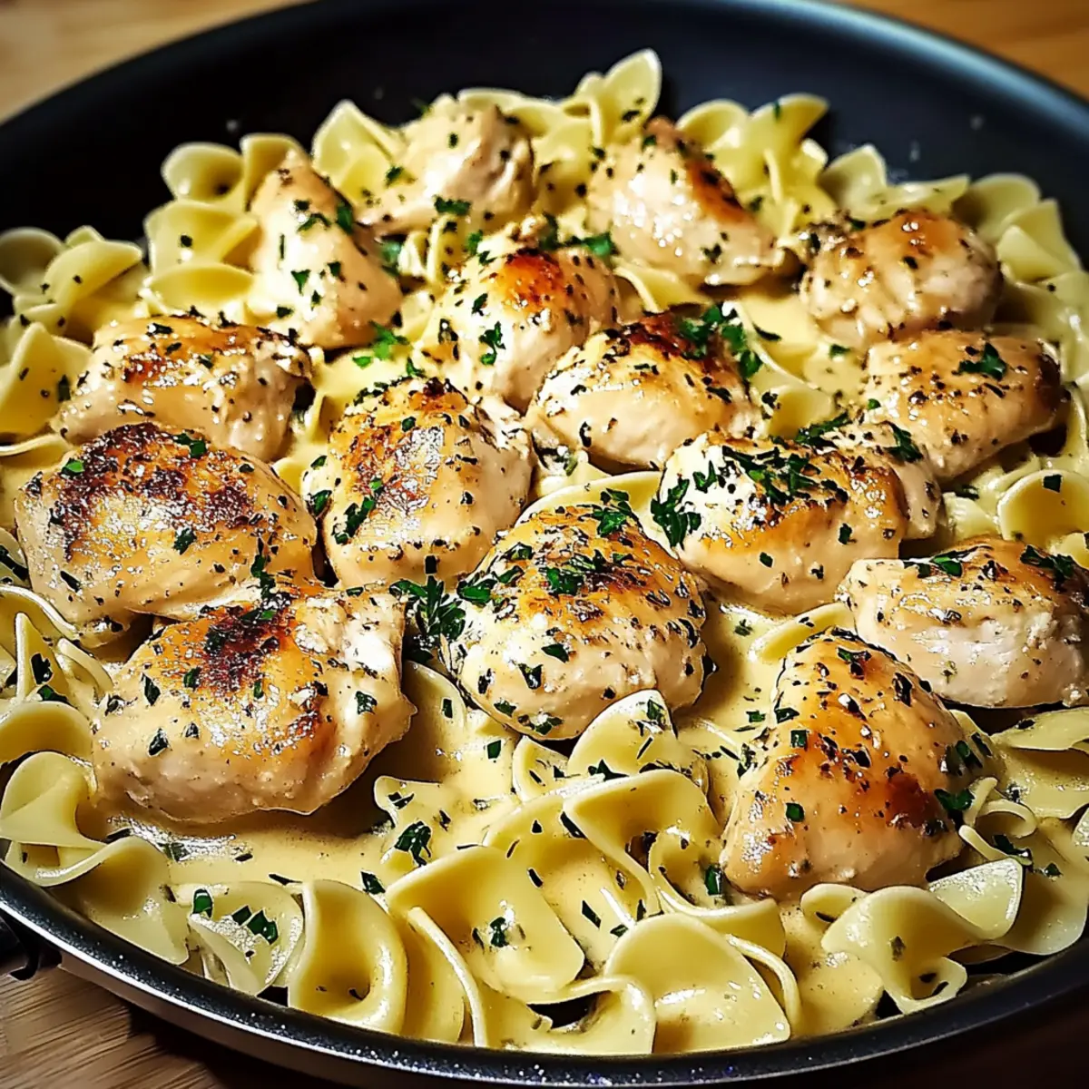 One Pan Creamy Garlic Butter Chicken with Egg Noodles