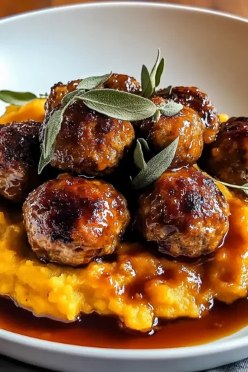 Pork Meatballs with Sweet Potato Mash & Bourbon-Maple Sauce