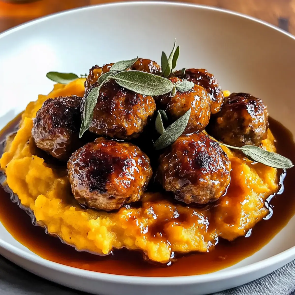 Pork Meatballs with Sweet Potato Mash & Bourbon-Maple Sauce